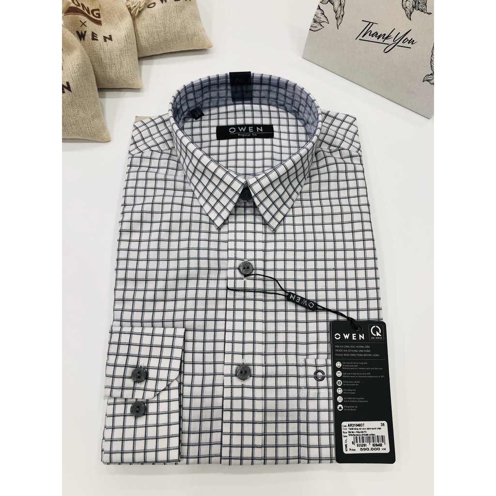 Áo sơ mi nam dài tay OWEN AR21049DT somi công sở vải sợi tre cao cấp màu kẻ caro xám nhạt dáng suông tà lượn có túi