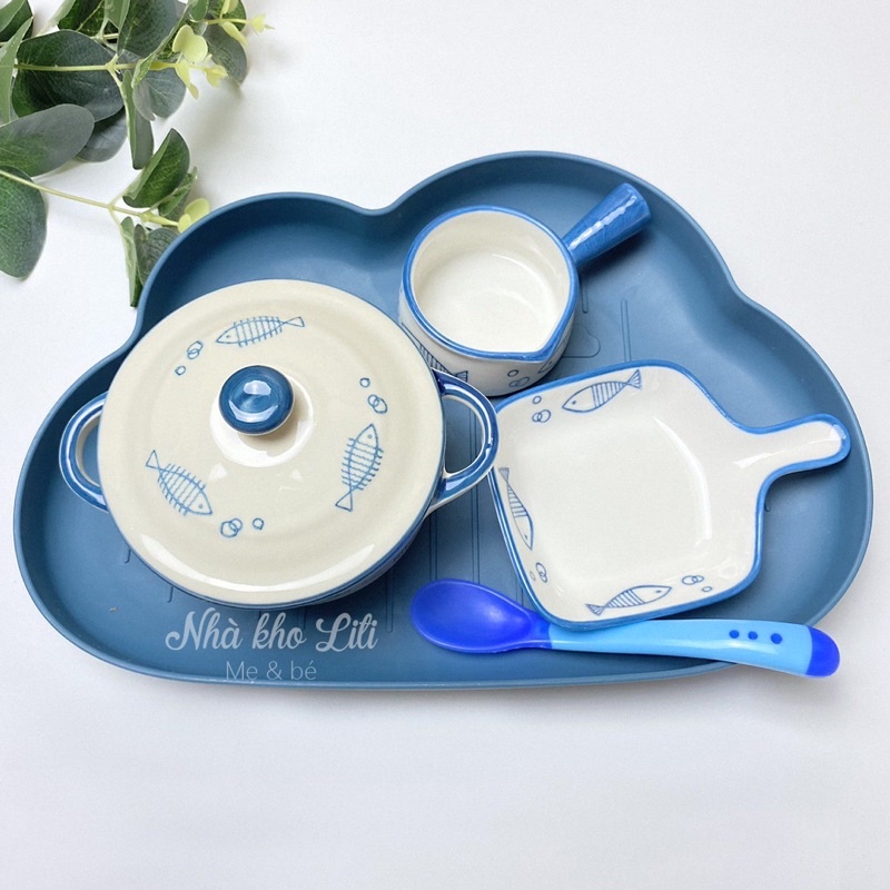Set bát sứ cao cấp 5 chi tiết dành cho bé ăn dặm thiết kế dễ thương, tặng thìa báo nóng