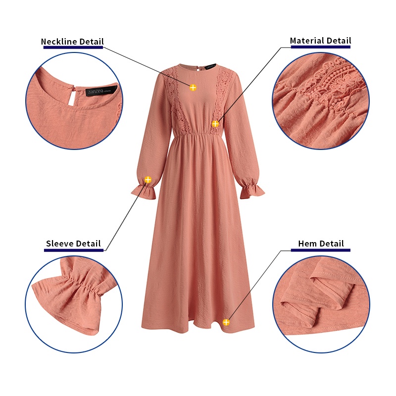 Zanzea Đầm Nữ Dài Phối Ren Phong Cách Hồi Giáo