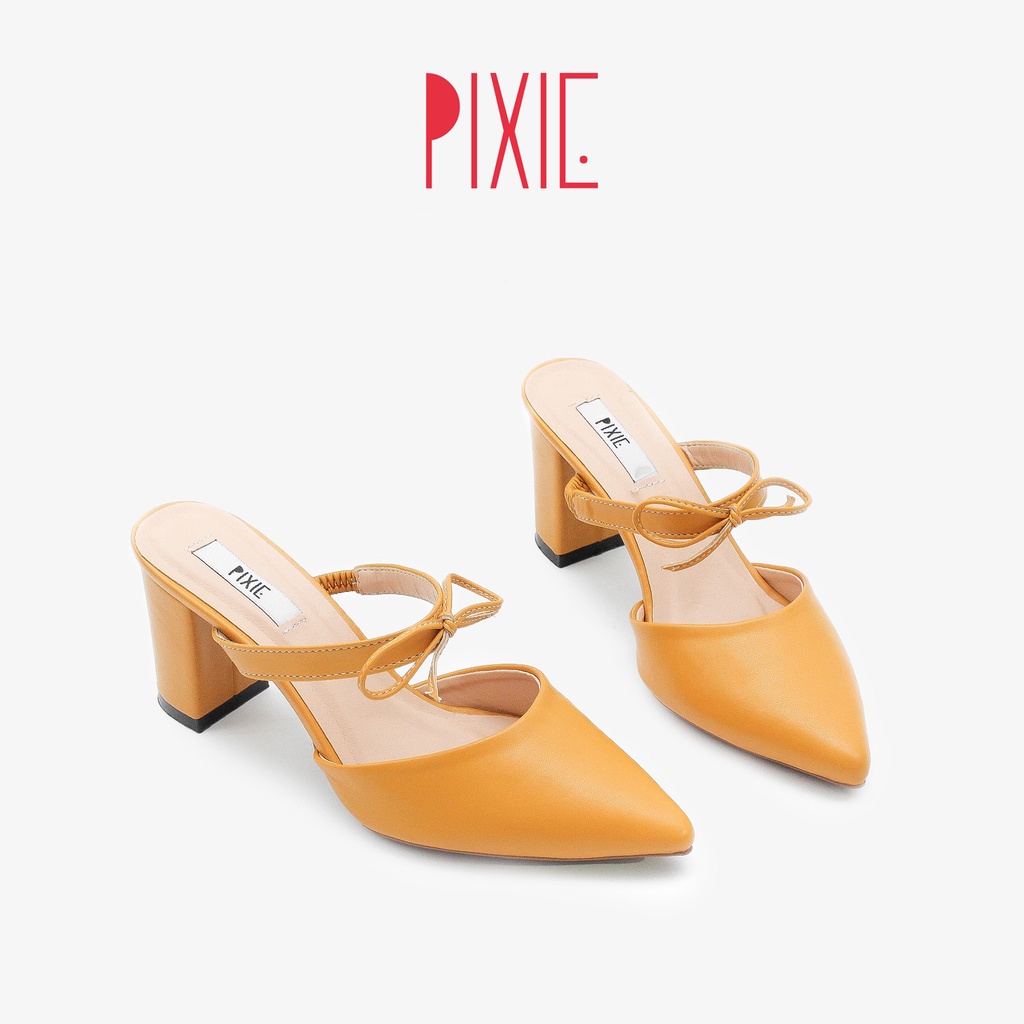 Giày Sục Cao Gót 7cm Đế Vuông Quai Ngang Nơ Nhỏ Màu Vàng Pixie P354