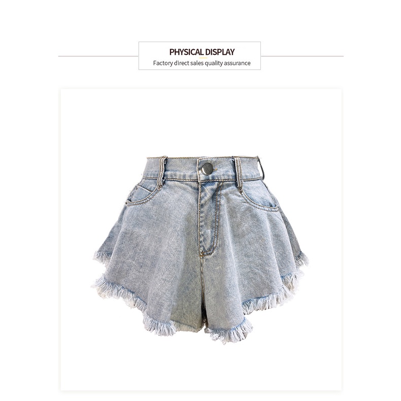 Quần Short Denim Lưng Cao Ống Rộng Phối Nút Và Túi Tua Rua Thời Trang Retro Cho Nữ