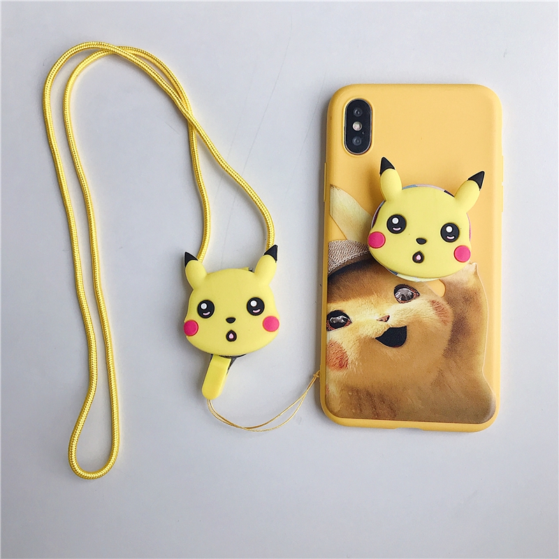 Ốp điện thoại mềm in hình Pikachu kèm giá đỡ và dây đeo cho Vivo Y91 V5S V7 Plus Y81 Y55S Y95 V9 Y71