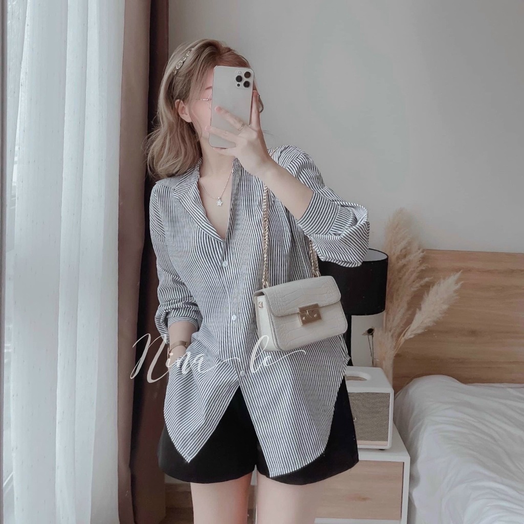 Sét bộ đi chơi ,áo kẻ tay dài cổ v ,quần cộc cho nàng dạo phố