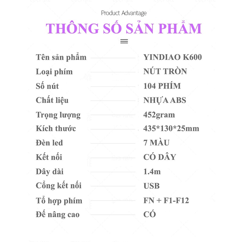 Bàn phím YINDIAO K600 giả cơ nút tròn nhiều màu sắc và có đèn led xuyên phím chuyên game - NK