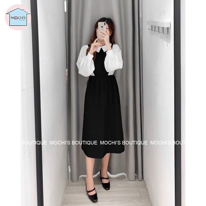 Váy đầm vintage tiểu thư dáng dài, mẫu váy đầm babydoll tay phồng cổ bẻ có dây rút eo điều chỉnh,kiểu dáng nhẹ nhàngM046 | BigBuy360 - bigbuy360.vn