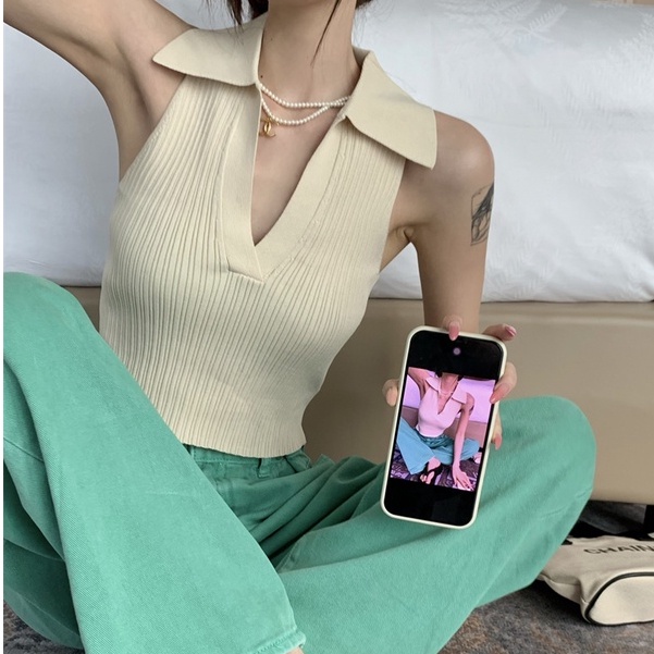 QKOOLE Áo croptop không tay phong cách Hàn Quốc cho nữ