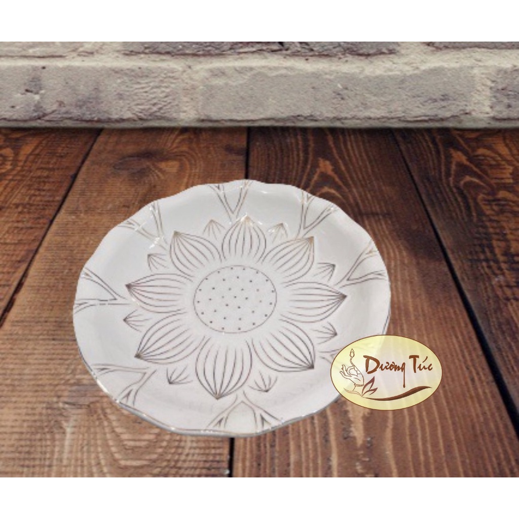 Đĩa Trái Cây Bằng Sứ Cao Cấp - Bạch Ngọc Hoa Sen  Nổi Loại 1 - Thờ Cúng