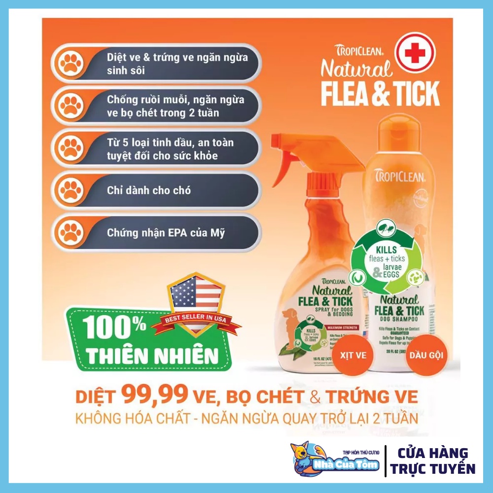 [COMBO] SỮA TẮM &amp; XỊT DƯỠNG LÔNG Tropiclean Flea &amp; Tick | Hỗ trợ ve &amp; bọ chét cho chó