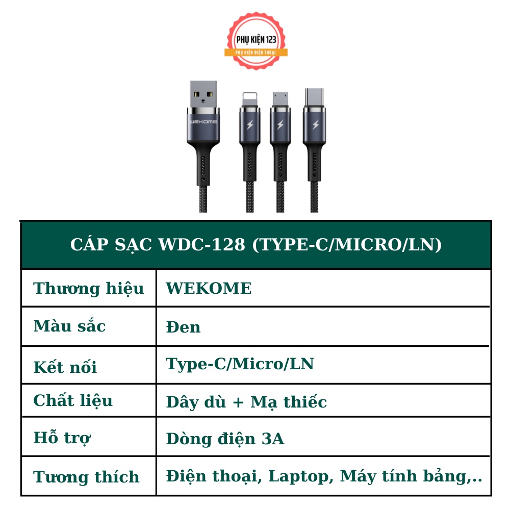 Cáp sạc nhanh King Kong 3A Wekome  WDC-128 dây dù chống lắc cơ học siêu bền