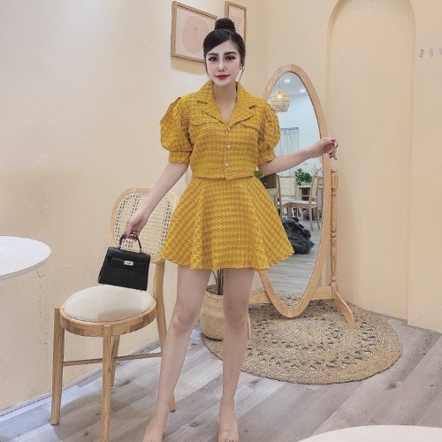 Set áo cổ vest chân váy xòe ❤️ Set tiểu thư cúc ngọc sang chảnh kèm hình thật | BigBuy360 - bigbuy360.vn