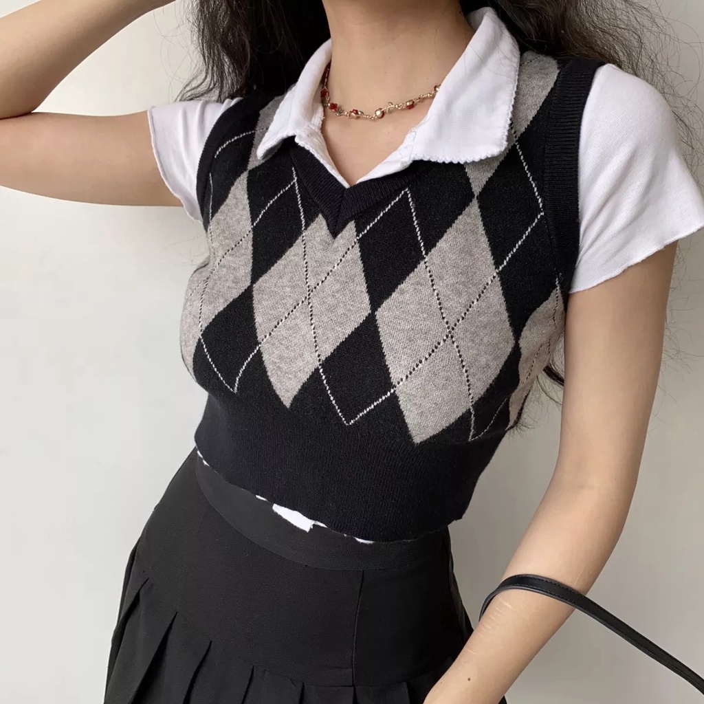 Áo Dệt Kim Không Tay Cổ Chữ V Màu Sắc Tương Phản Phong Cách Retro Dành Cho Nữ