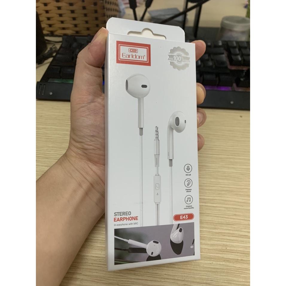 Tai nghe có dây nhét tai Earldom E43 jack 3.5 có mic đàm thoại sử dụng cho điện thoại laptop máy nghe nhạc