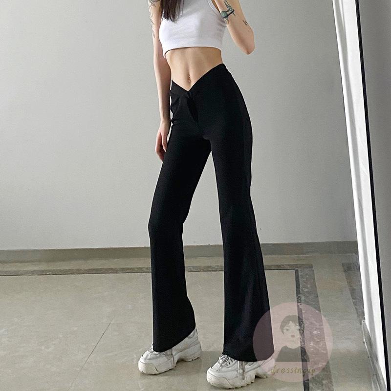 Quần Dài Ống Loe Lưng Thấp Màu Đen / Trơn Đơn Giản Size S / M / L