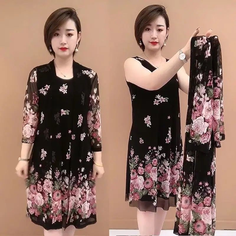 Trung bình Đầm hai dây mùa hè phụ nữ 40 tuổi 50 bà mẹ niên và cao kiểu tây quý phái [ship hàng trong vòng 7 ng
