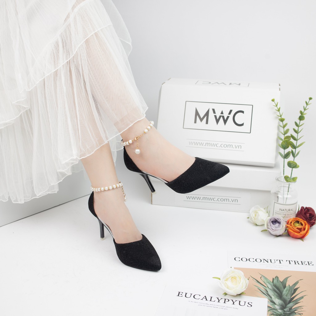 Giày cao gót nữ MWC cao gót quai hậu 7CM đế mũi nhọn da phối kim tuyến êm chân NUCG-3785