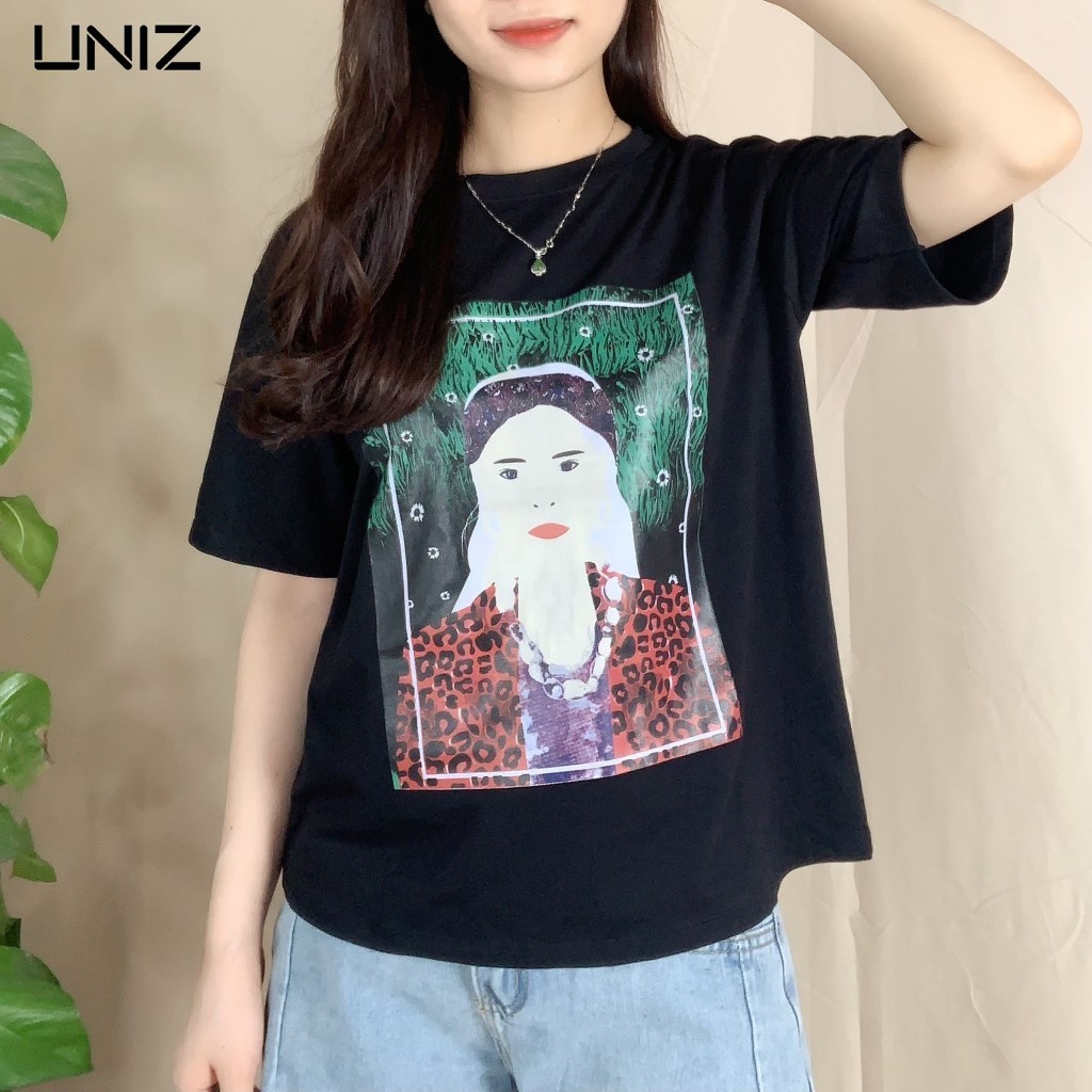 Áo Phông Nữ In Hình Cô Gái UNIZ  Aocogai From Thụng, Dáng Dài, Cổ Tròn,Vải Cotton, In Hình chống bong tróc