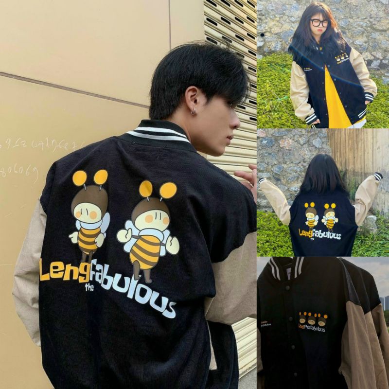 Áo Khoác Bomber Nhung Kaki Unisex Hình Con Ông - Nam Nữ Cặp Đôi Siêu Cute Mùa Thu Đông