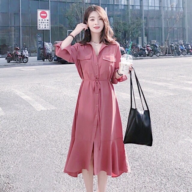 Đầm váy hồng ruốc túi hộp (kèm hình thật)