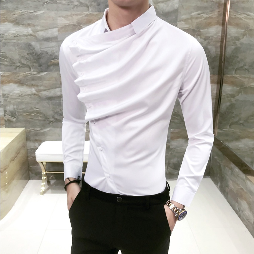 Áo sơ mi nam. Sơ mi nam cúc chéo,cổ Gấp lượn sóng trước Ngực tạo điểm nhấn Độc đáo, sang trọng H28