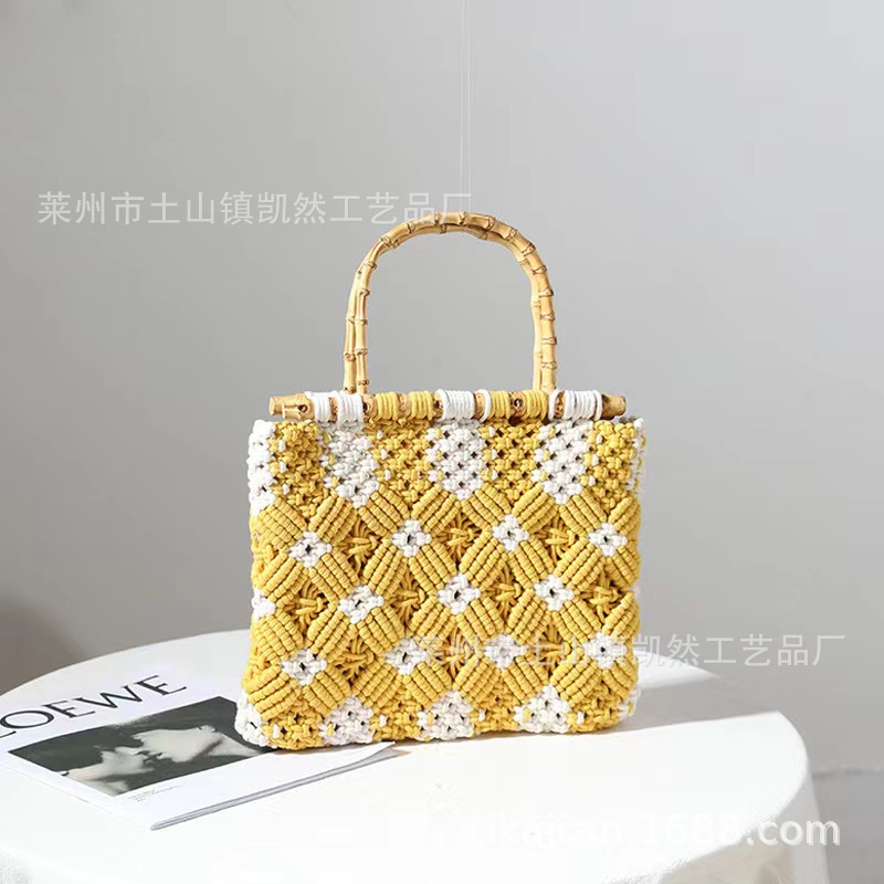 Túi Xách Đan Sợi Tre Cotton Tay Cầm Bằng Tre Phong Cách Mới Cho Nữ