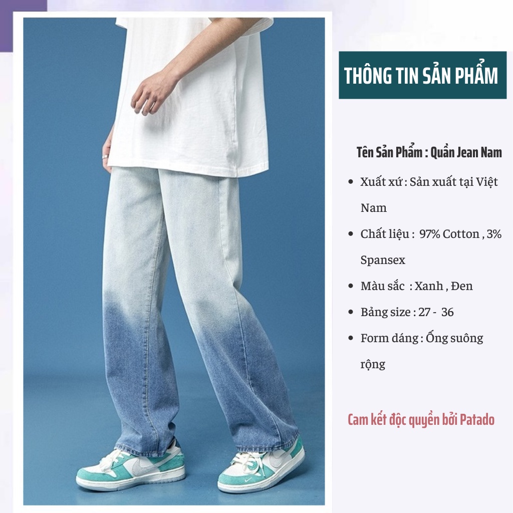 Quần jean xám nam dáng baggy ống suông rộng mã ST01, vải jeans bò cao cấp PATADO