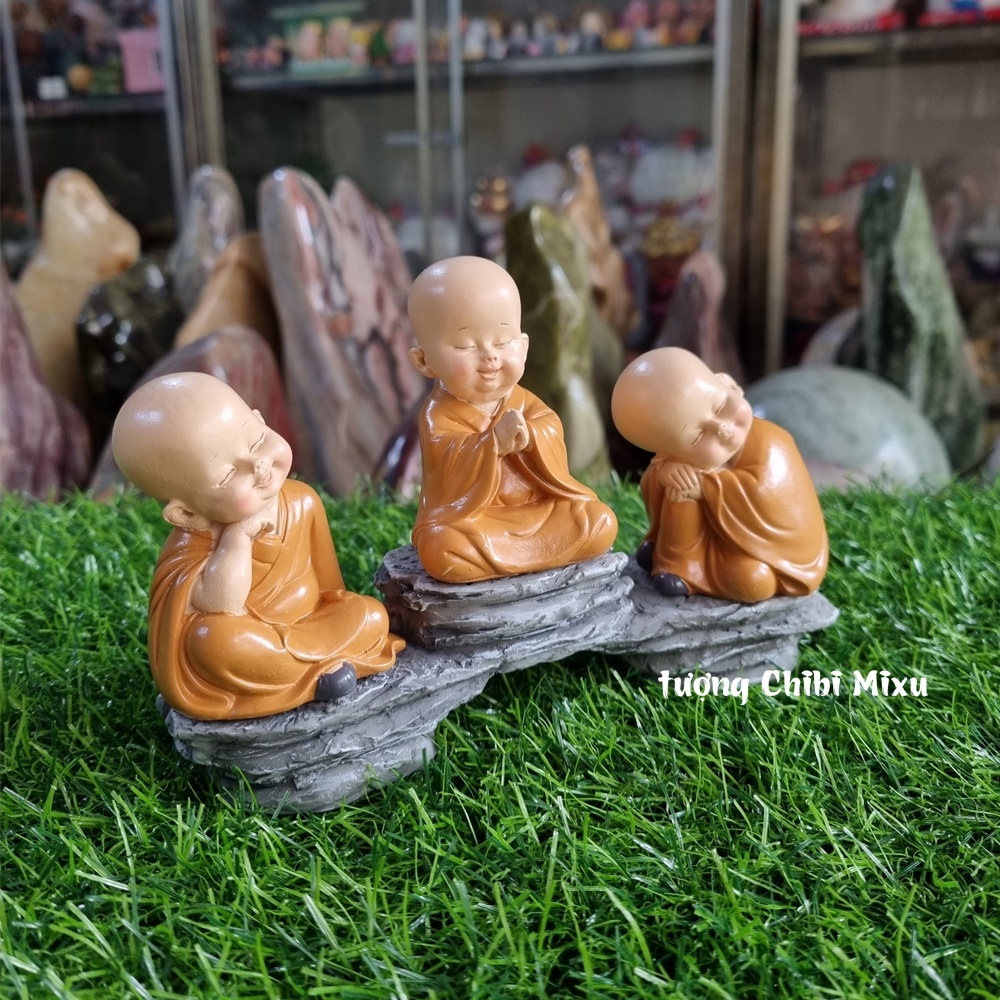 Bộ 03 chú tiểu áo nâu mẫu an nhiên kèm đế giả đá size nhỏ