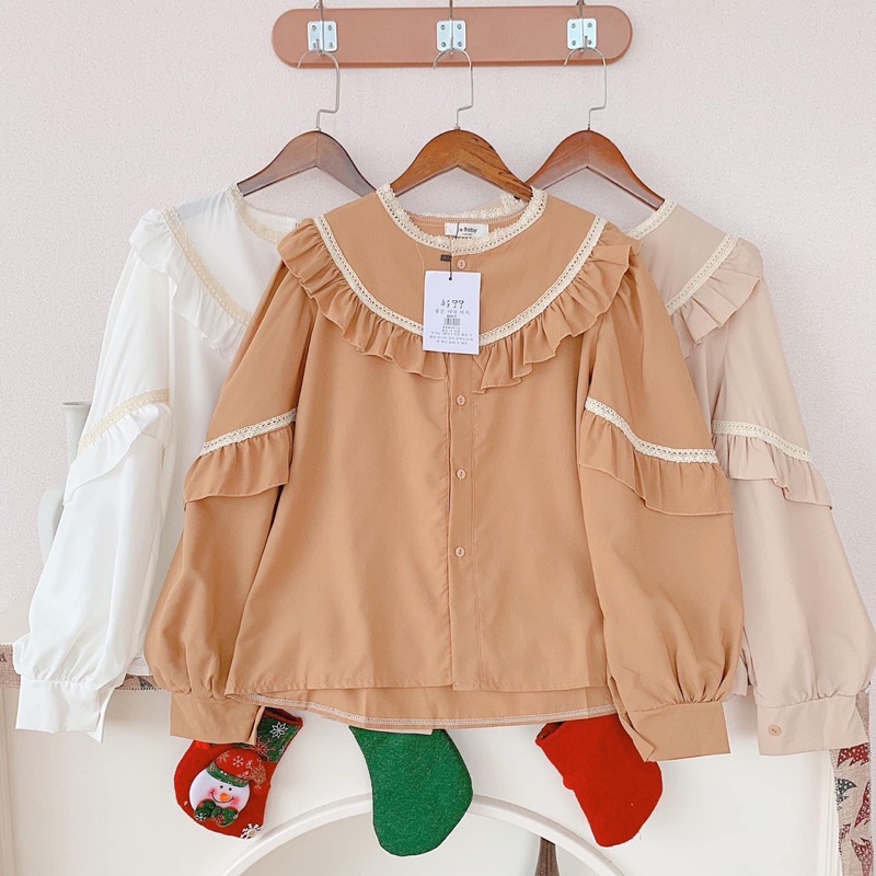 Áo Sơmi Cổ Bèo Tay Phồng Tiểu Thư Tay dài ba màu cổ tròn phối ren phong cách Hàn quốc