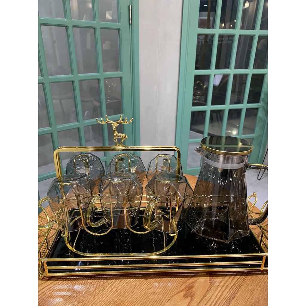 Set 6 Cốc + Bình Thuỷ Tinh Borosilicate Pha Lê Đen 🌸 Sang Trọng Tinh Tế 🌸