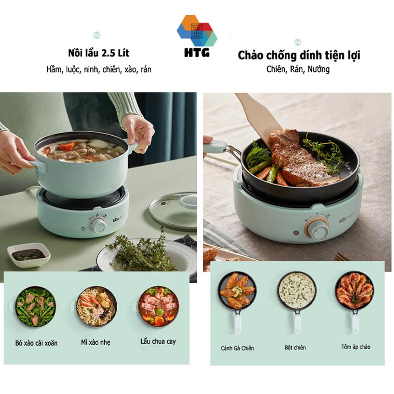Nồi Lẩu Điện Đa Năng Mini Bear DHG-B25B2 2.5L Tặng Kèm Chảo, Khay Hấp