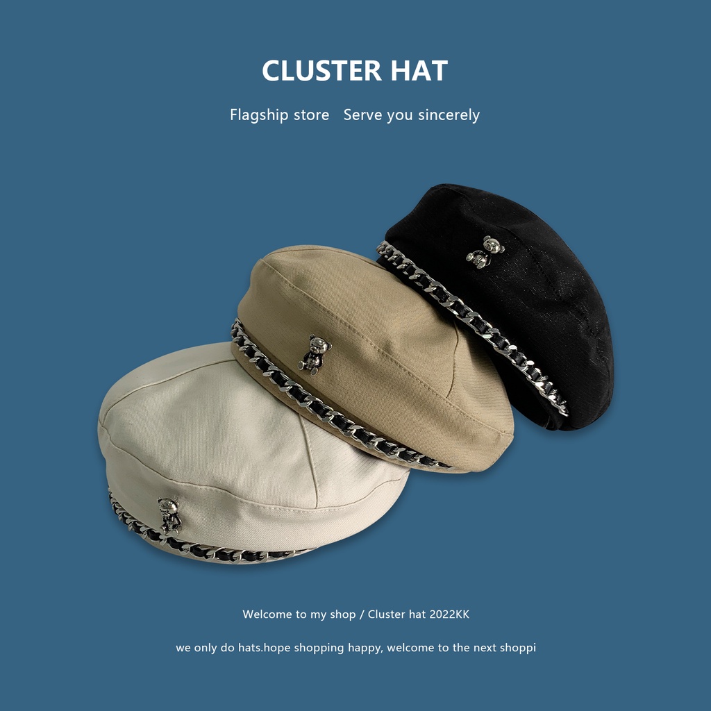 Mũ Beret Phối Dây Xích Họa Tiết Gấu Hoạt Hình Thời Trang Xuân Thu Dành Cho Nữ