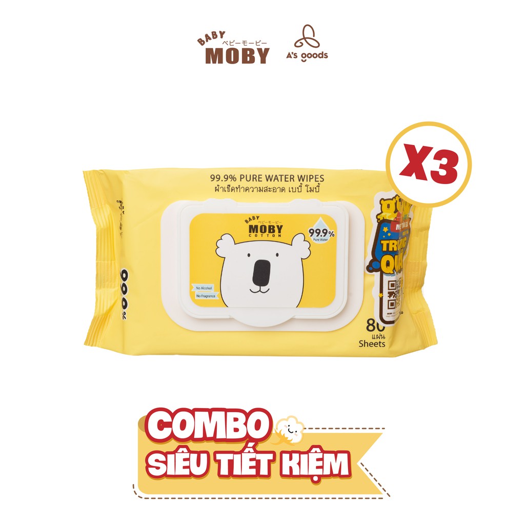 [Mã MKBNAPPI50 -10% ĐH350k][COMBO SIÊU TIẾT KIỆM] 03 Gói khăn ướt Moby (80 tờ/gói)