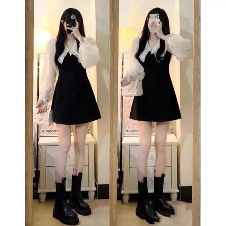 [ẢNH THẬT] Váy Công Chúa Phối Màu Tay Bồng  Chất Voan 2 Lớp Cổ Nơ Chất Đẹp Hàn Quốc Dài Đùi