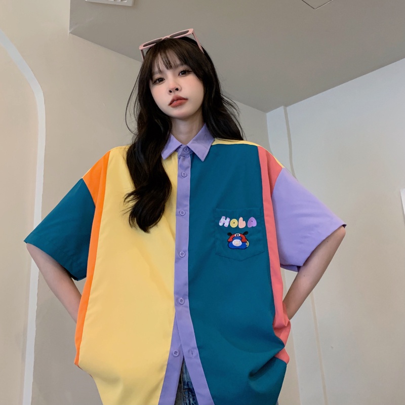Áo sơ mi ZHELIHANGFEI ngắn tay cổ polo dáng rộng theo phong cách Preppy dễ phối đồ