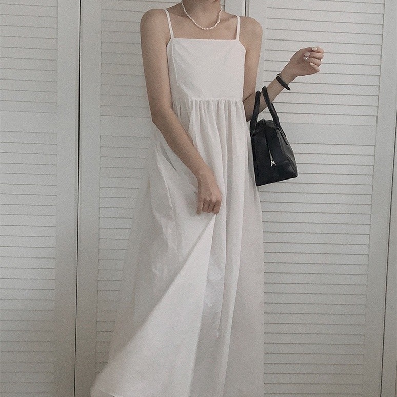 SUXI Korean Style All-match Slim Fit Solid Color Sleeveless Sweet Suspender Dress