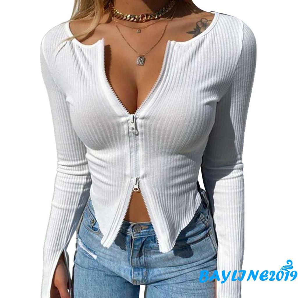 Áo Croptop Dệt Kim Tay Dài Cổ Tròn Có Khóa Kéo Màu Sắc Thời Trang Mùa Thu Quyến Rũ Cho Nữ
