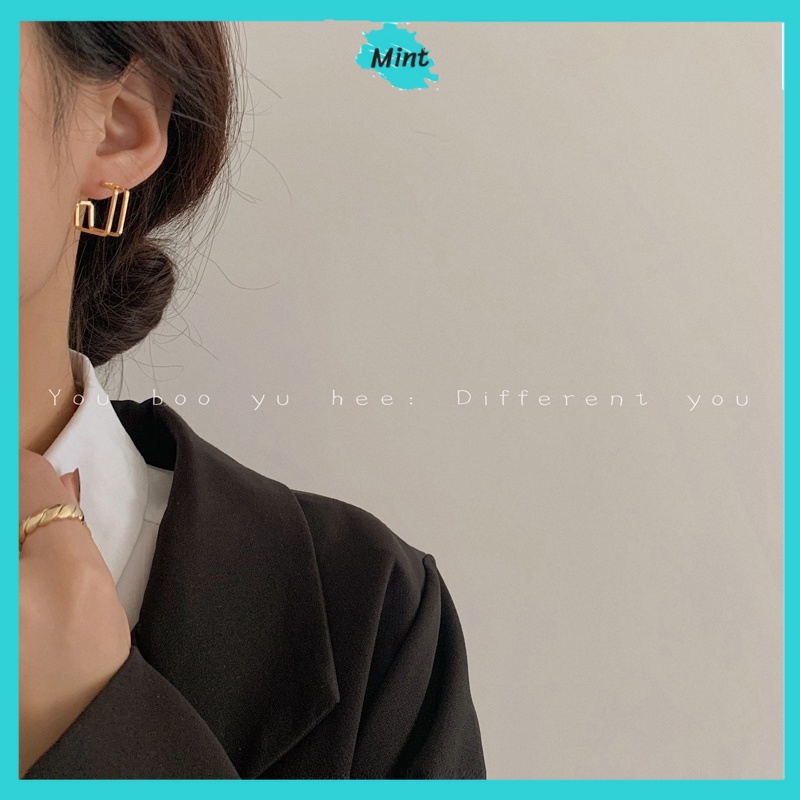 Bông Tai Nữ ❤️KHÔNG GÂY DỊ ỨNG❤️ Khuyên Tai Hai Mảnh Hình Vuông Chuôi Xỏ Bạc S925