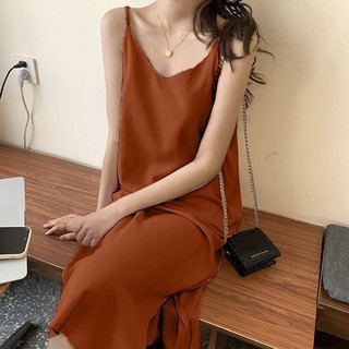 Váy 2 dây, đầm xuông - chất đũi lụa trơn basic nữ