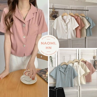  Áo sơ mi nữ form rộng tay ngắn cổ vest túi ngực trẻ trung. Sơ mi croptop cổ vest tay ngắn chất thích nhiều màu cúc to 