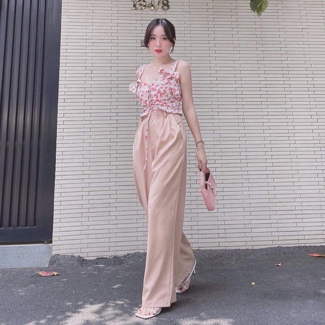 Set áo hoa nhí 2 dây rút ngực mix quần ống rộng DN288