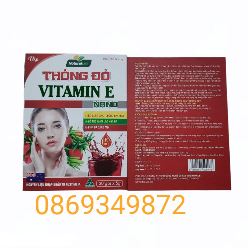 Thông đỏ Vitamin E Nano - Vitamin E đỏ -  giúp làm đẹp da ,giảm thâm nám - Hộp 30 gói