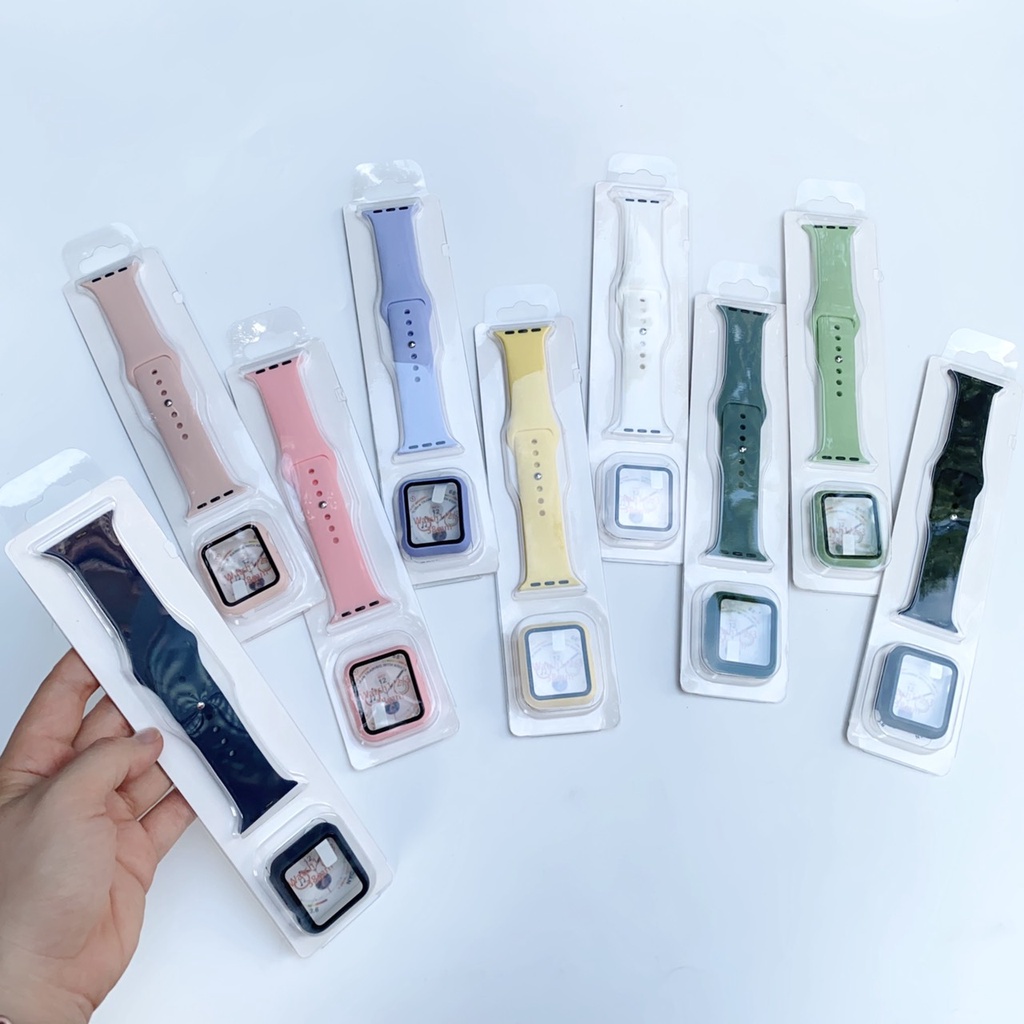 Bộ Ốp kính cường lực 9H và Dây đeo màu chống bẩn bảo vệ đồng hồ AW size 38mm 40mm 42mm 44mm cho các loại Series