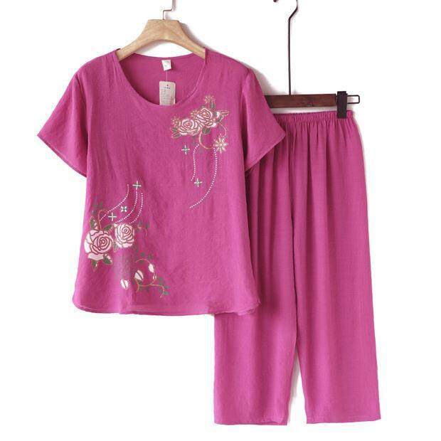 Set quần áo vải lanh cotton mùa hè dành cho phụ nữ trung niên tùy chọn màu sắc