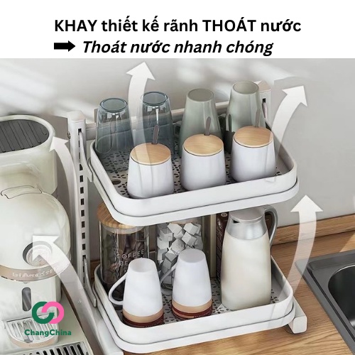 Giá kệ khay để cốc chén ly 2 tầng có thể tháo rời, điều chỉnh được độ cao, khung kim loại sơn tĩnh điện, nhựa PP an toàn