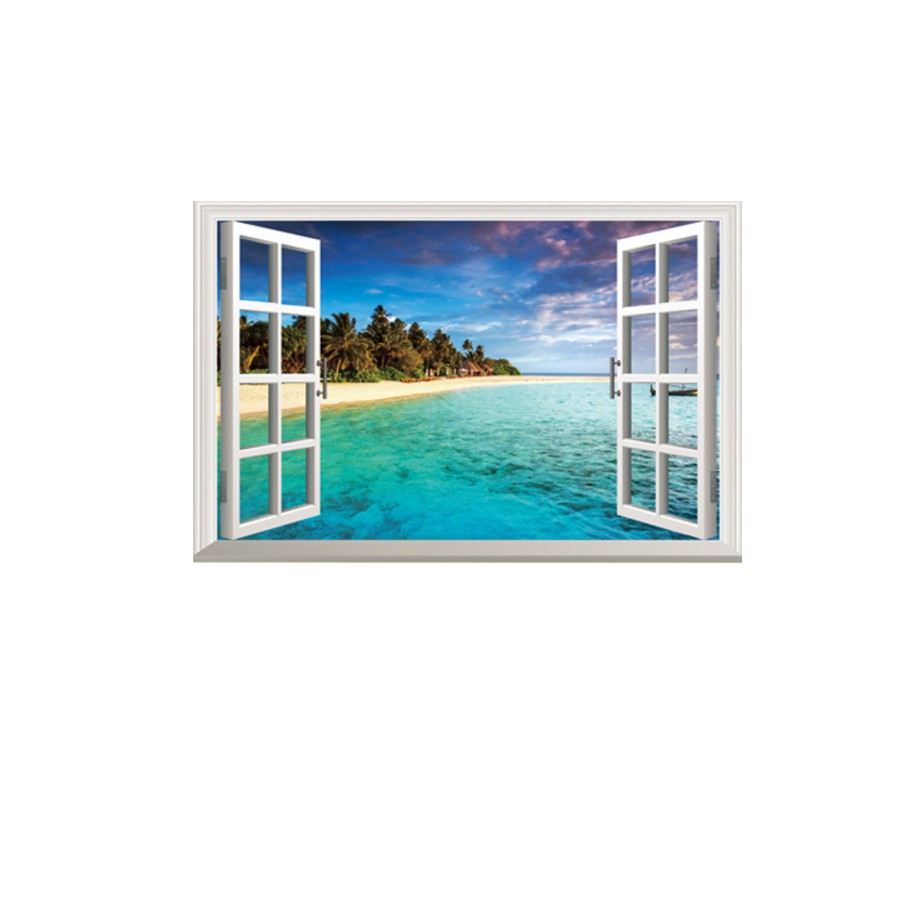 Decal cửa sổ 3D bãi biển bờ cát trắng 60x90cm