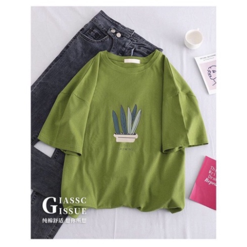 Ao thun tay lỡ, áo phông form rộng 5 lá cây still growing kute phô mai | BigBuy360 - bigbuy360.vn