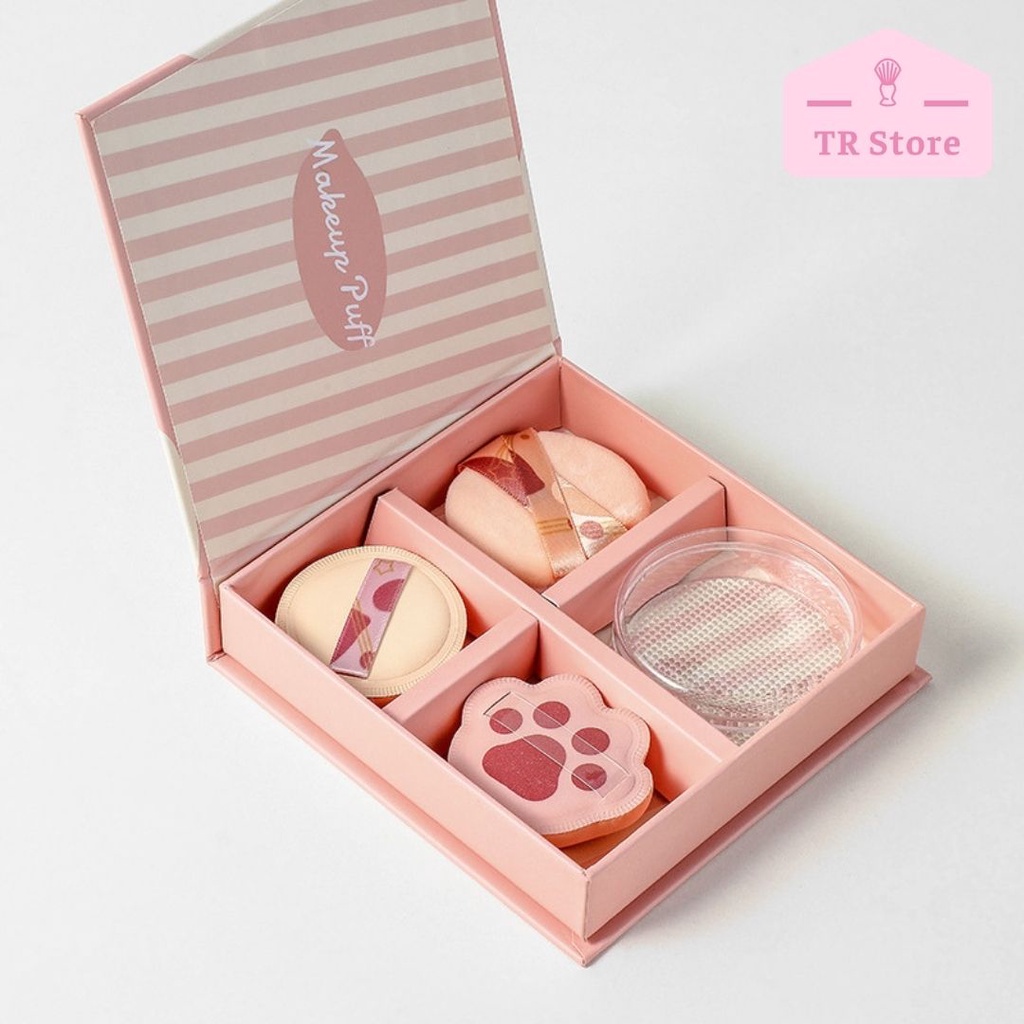 Bộ quà tặng mút trang điểm đánh phấn nền, phấn phủ và cushion 4 món Malian chủ đề mùa xuân hồng