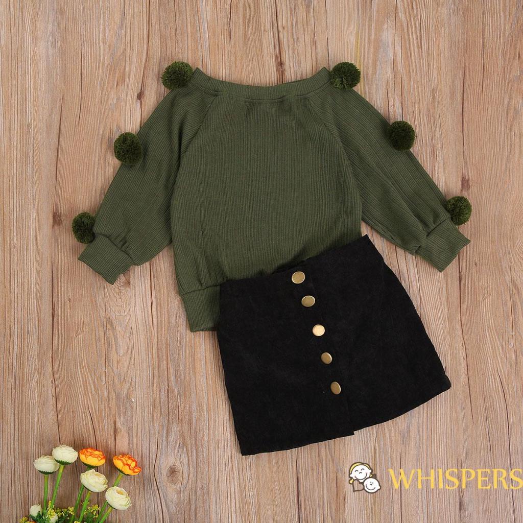 Bộ áo sweater dệt kim tay dài đính banh lông + chân váy phối nút thời trang mùa thu cho bé gái 2-7 tuổi
