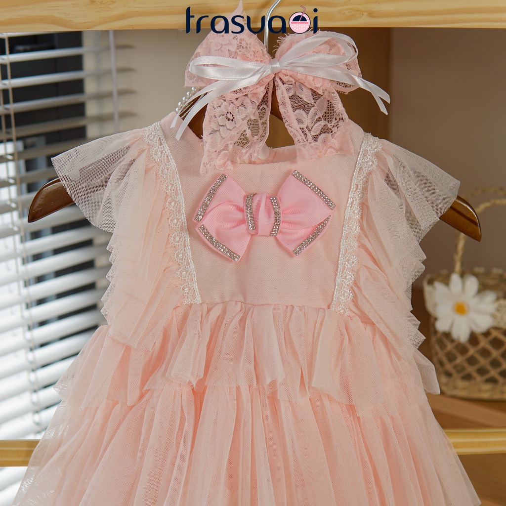 Đầm bé gái, váy cho bé gái dự tiệc thôi nôi, sinh nhật ren tầng phối nơ màu hồng dễ thương - TRASUAOI D031