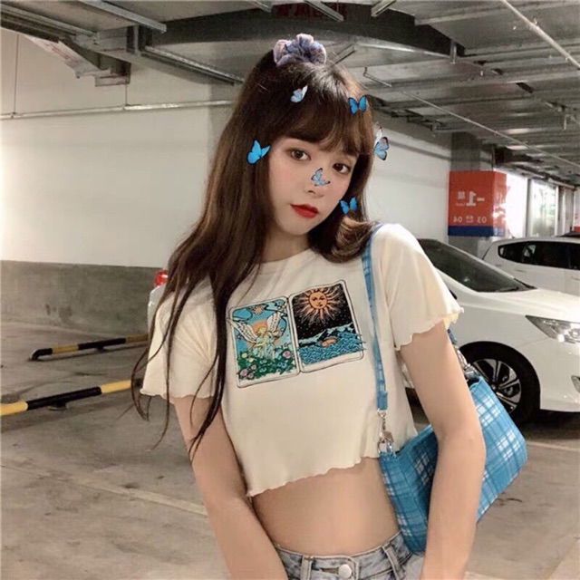 (Ảnh thật) Áo croptop ulzzang cuốn biên in hình