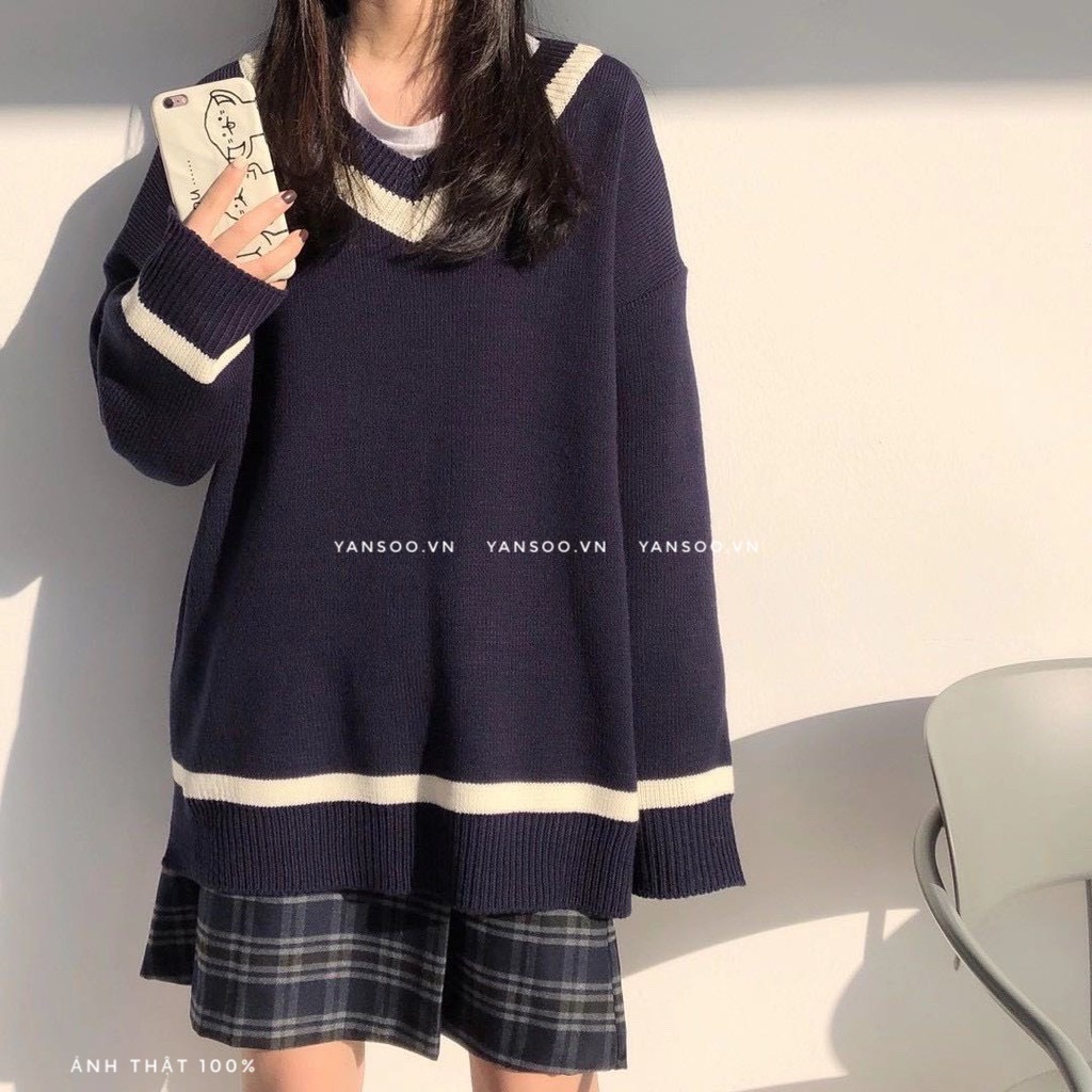Áo len nữ cổ v from rộng Áo len cổ tim viền tay dài basic Hàn Quốc YANSOO